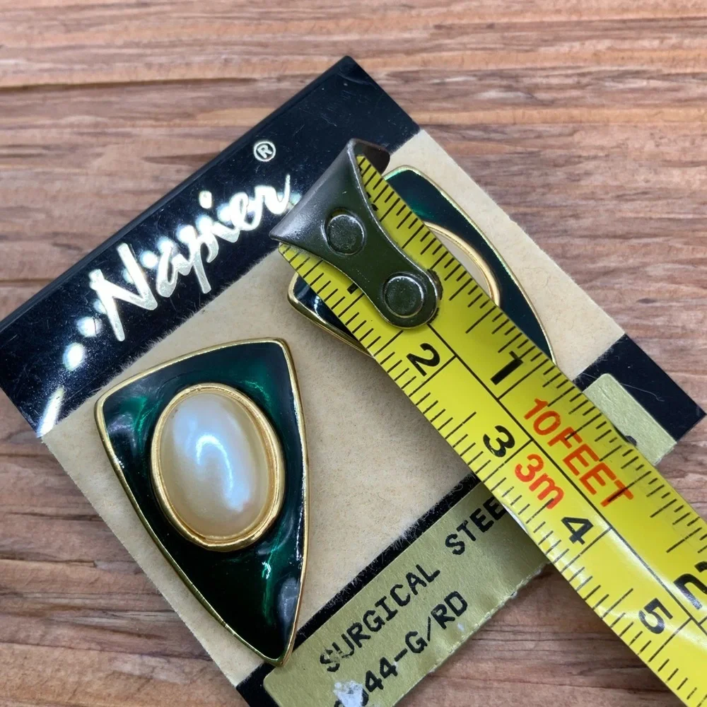 Napier Vintage Green Pearl-Accent Gold Tone Triangle Stud Earrings